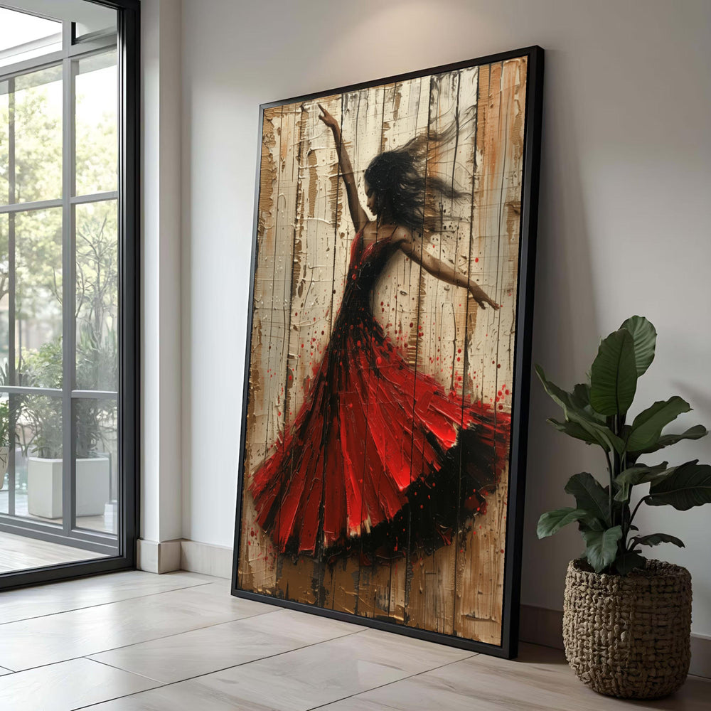 Flamenco Dancer Canvas Art: Abstract Red Dress Painting on Wood