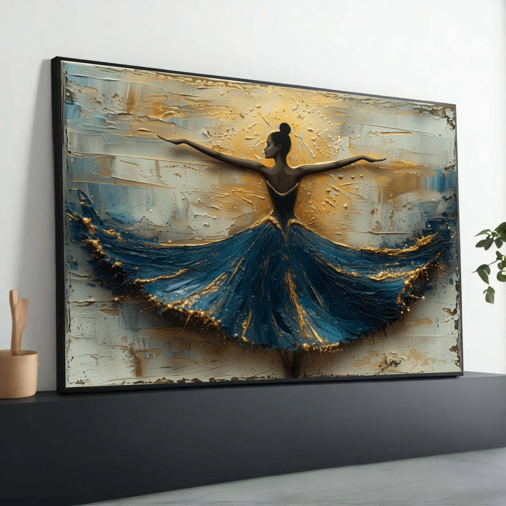 Elegant Ballerina Canvas Print: Blue and Gold Abstract Ballet