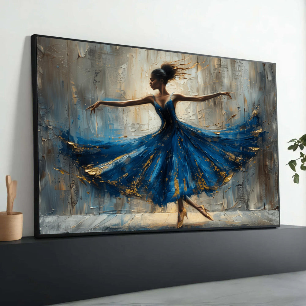 Ballerina Dance Canvas Art: Elegant Blue Dress, Modern Figurative Painting