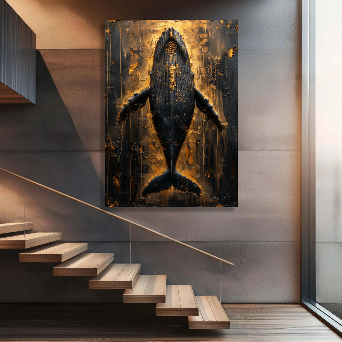 Majestic Humpback Whale Canvas Art: Abstract Gold & Black Ocean Decor