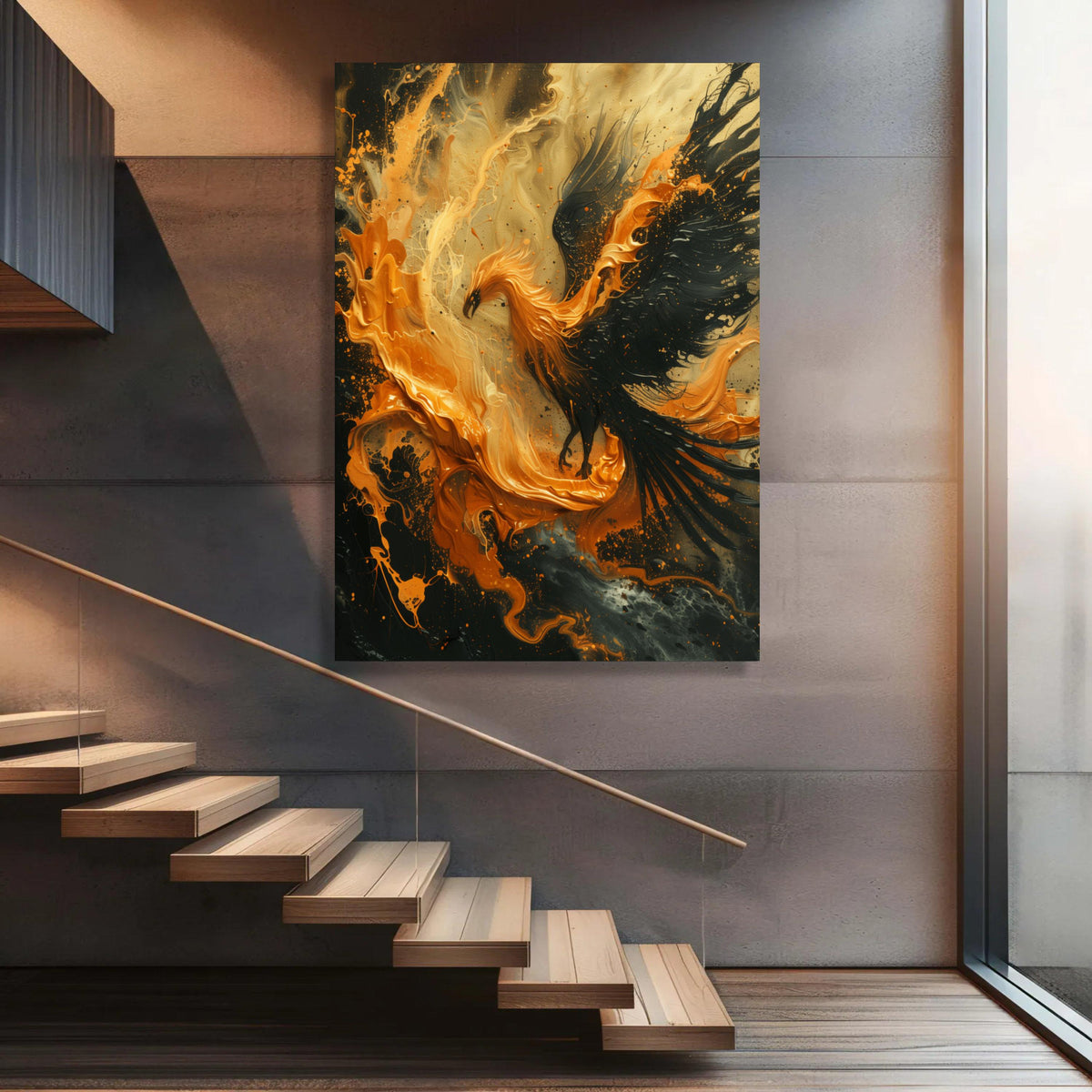 Fiery Phoenix Canvas Art: Abstract Orange Black Flame Decor