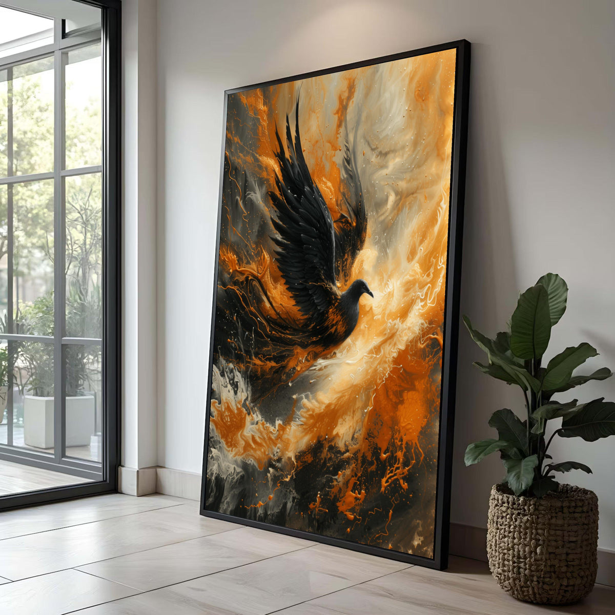 Majestic Black Raven Canvas Art: Abstract Fire Splash, Modern Home Decor
