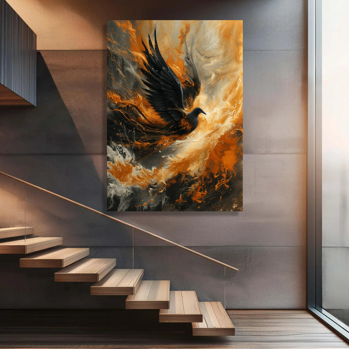 Majestic Black Raven Canvas Art: Abstract Fire Splash, Modern Home Decor
