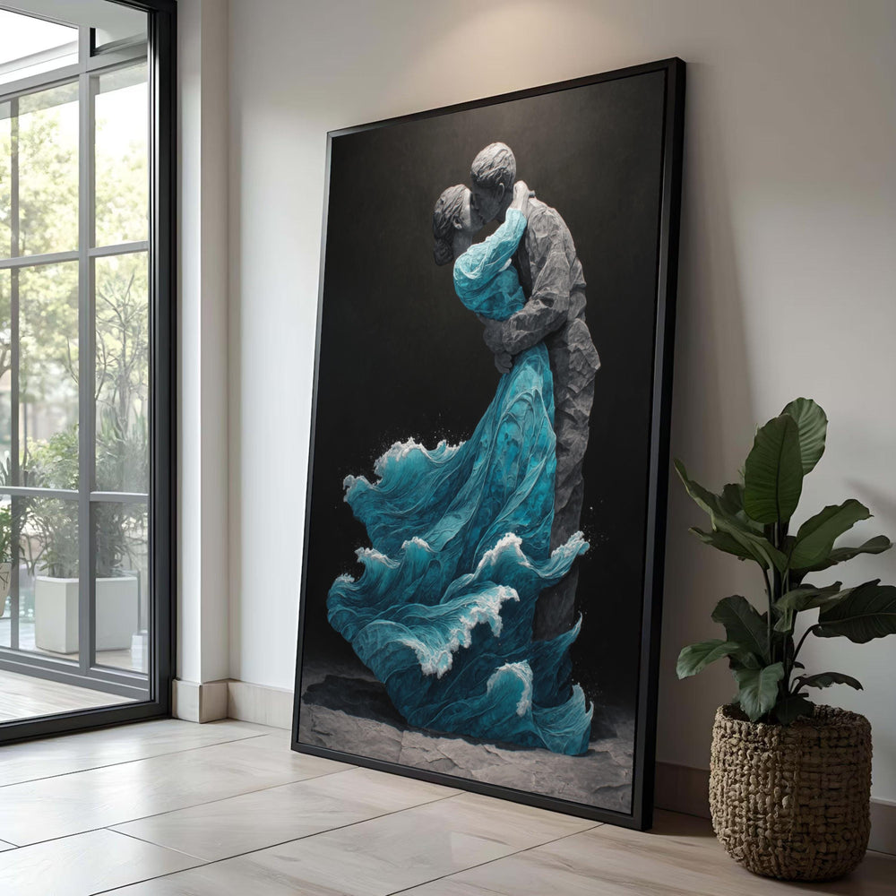 Romantic Kissing Couple Canvas Print, Blue Wave Dress, Luxury Home Decor