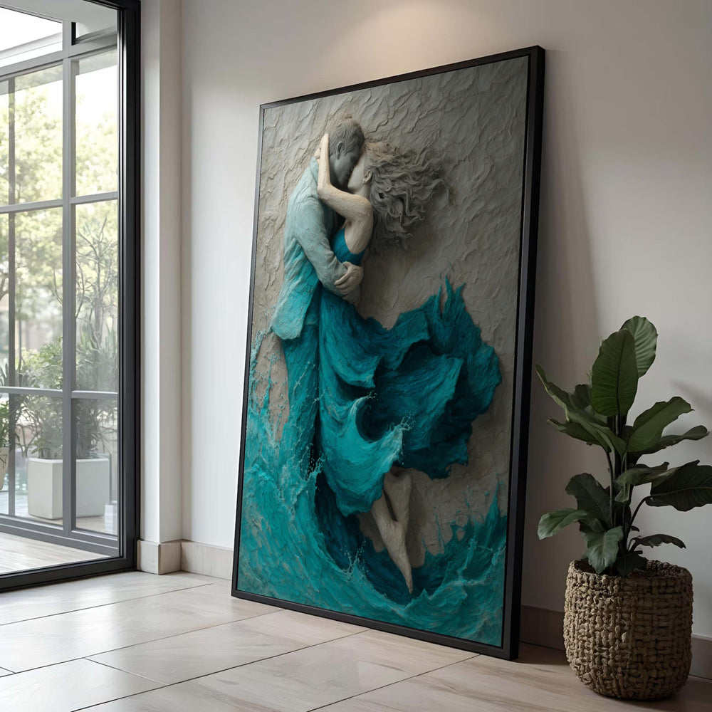 Embrace Sculpture Canvas Art, Couple in Turquoise Dress, Modern Home Decor