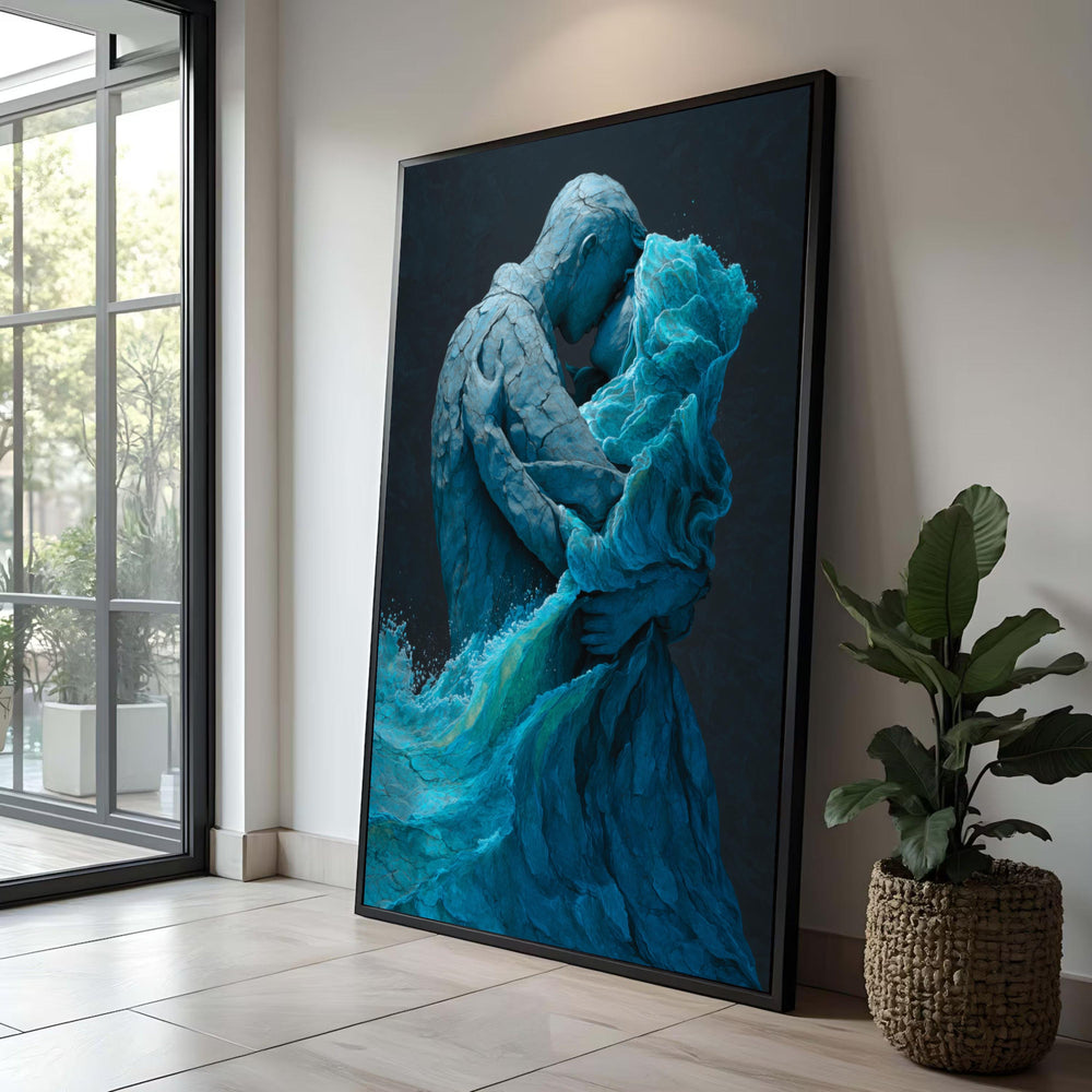Romantic Embrace Sculpture Canvas, Blue Couple Art, Intimate Love Wall Decor, Abstract Figurative Canvas, Modern Home Luxury Home Decor