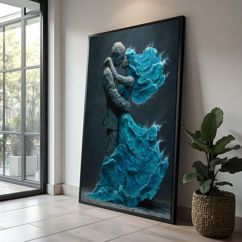 Romantic Embrace Sculpture Canvas, Blue Flowing Dress Art, Love Couple Wall Decor, 3D Effect, Modern Romance Canvas Art, Luxury Home Decor