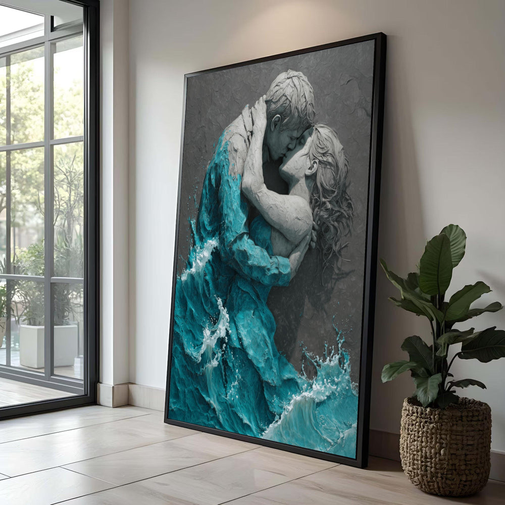 Romantic Embrace Canvas Print, Blue Water Sculpture Art