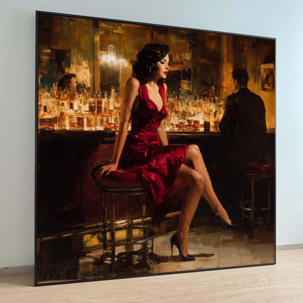 Woman in Red Dress Canvas Print, Vintage Bar Glamour Portrait