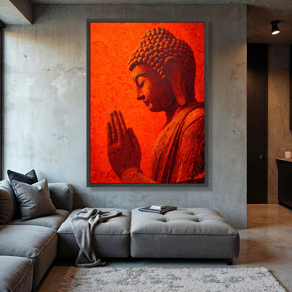 Intricate Praying Buddha Canvas Art, Red Mandala Home Decor