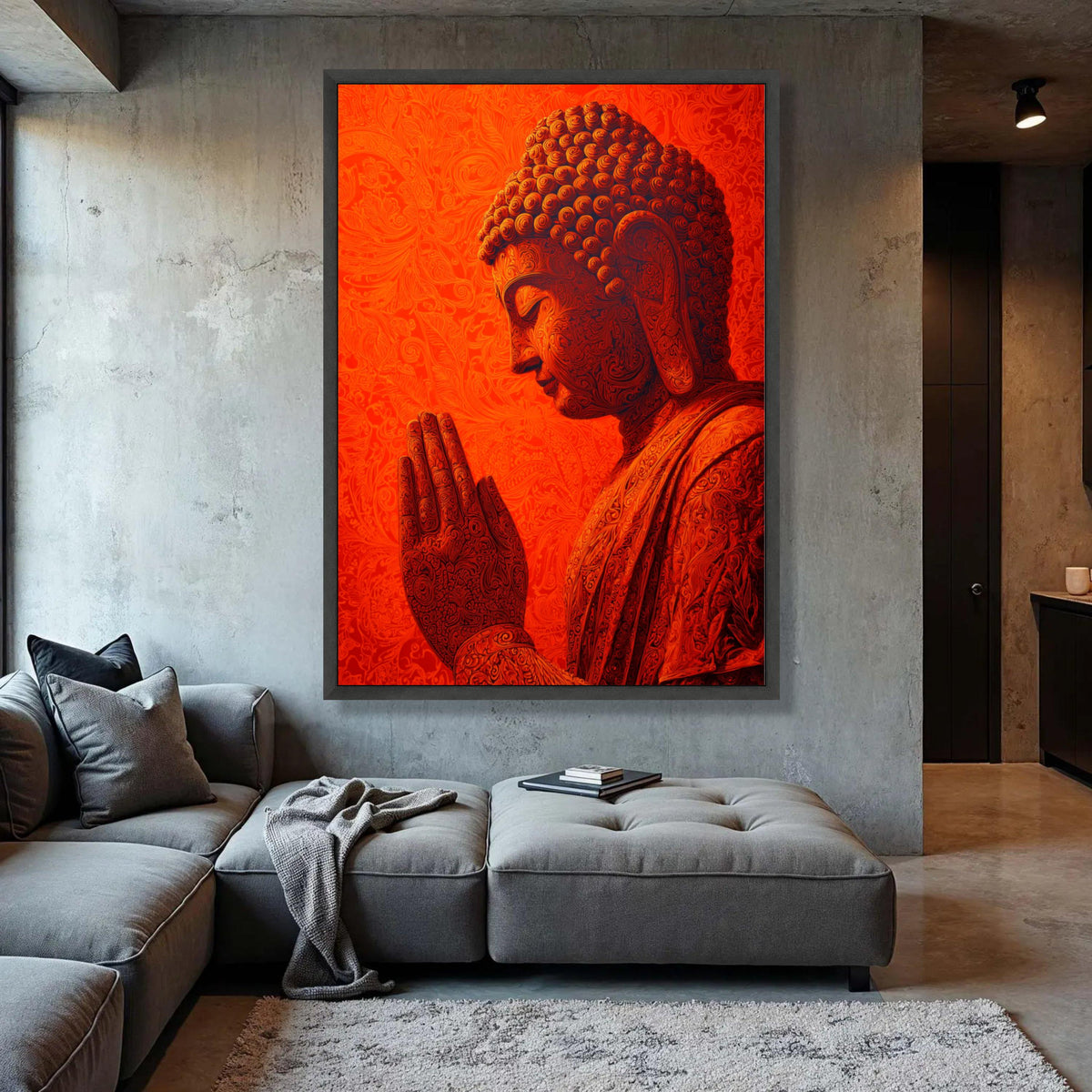 Intricate Praying Buddha Canvas Art, Red Mandala Home Decor