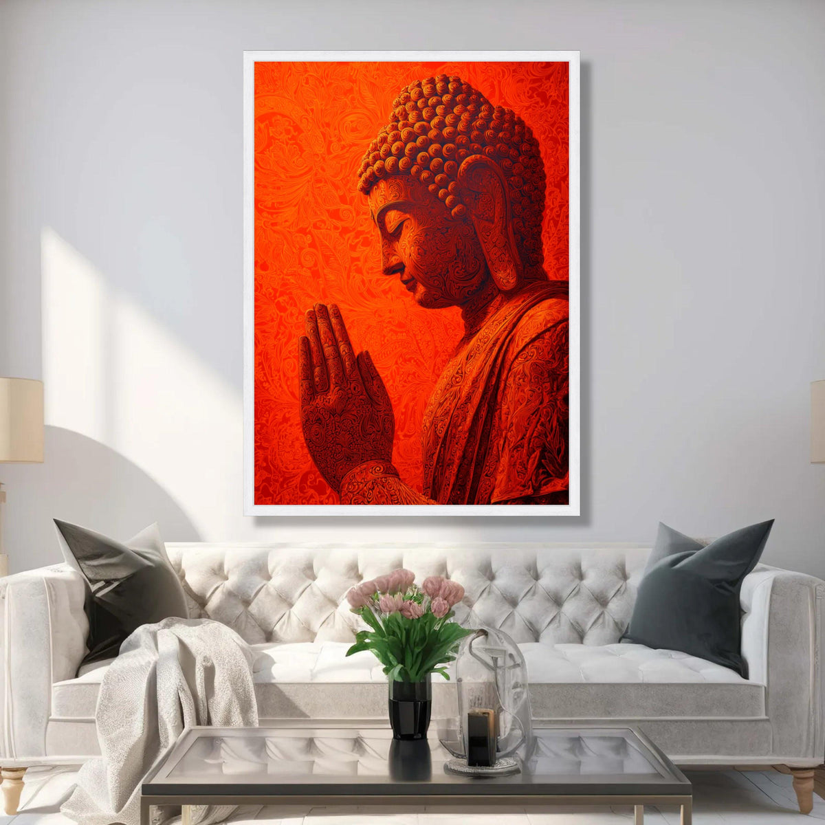 Intricate Praying Buddha Canvas Art, Red Mandala Home Decor