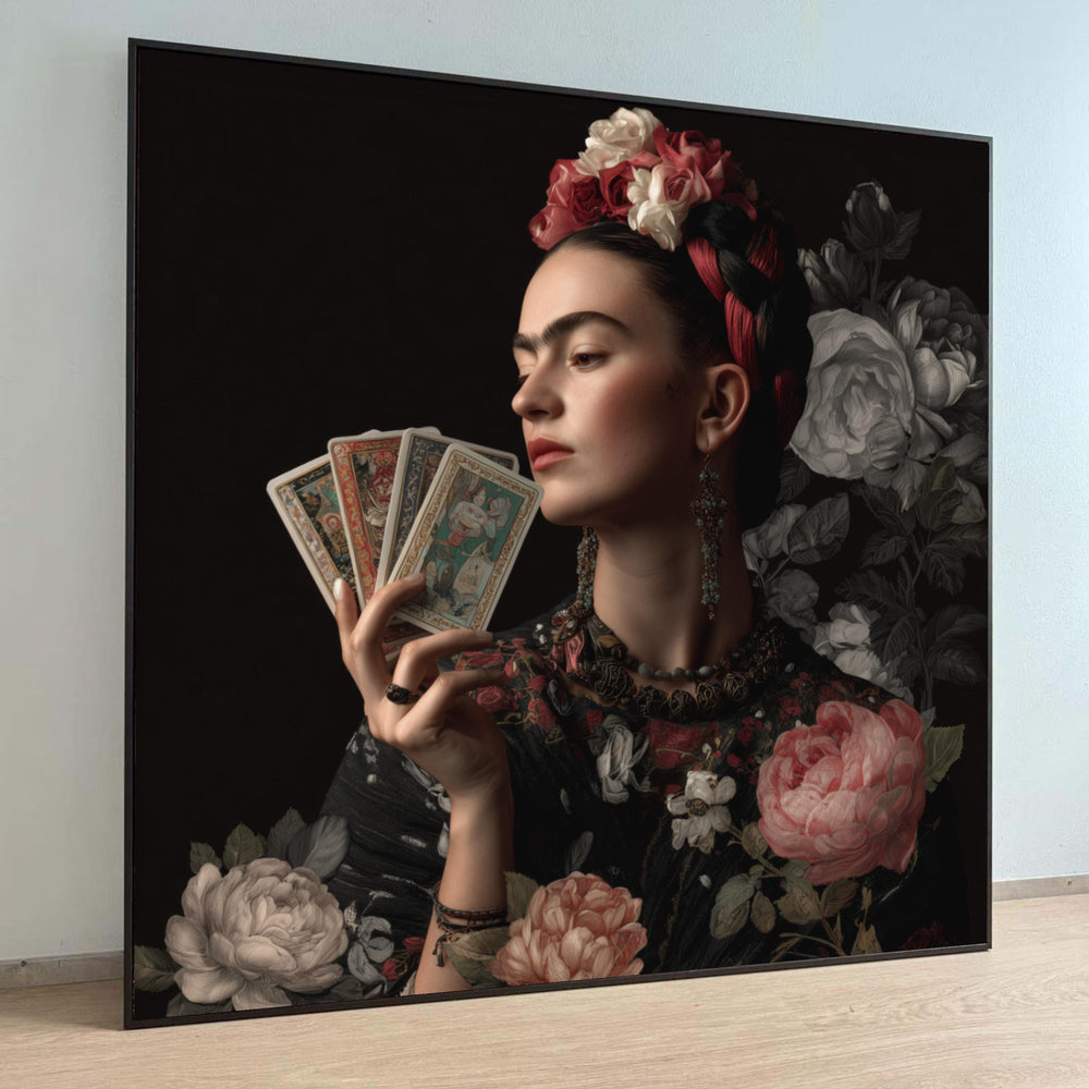 Woman with Tarot Cards Canvas, Vintage Floral Portrait Art