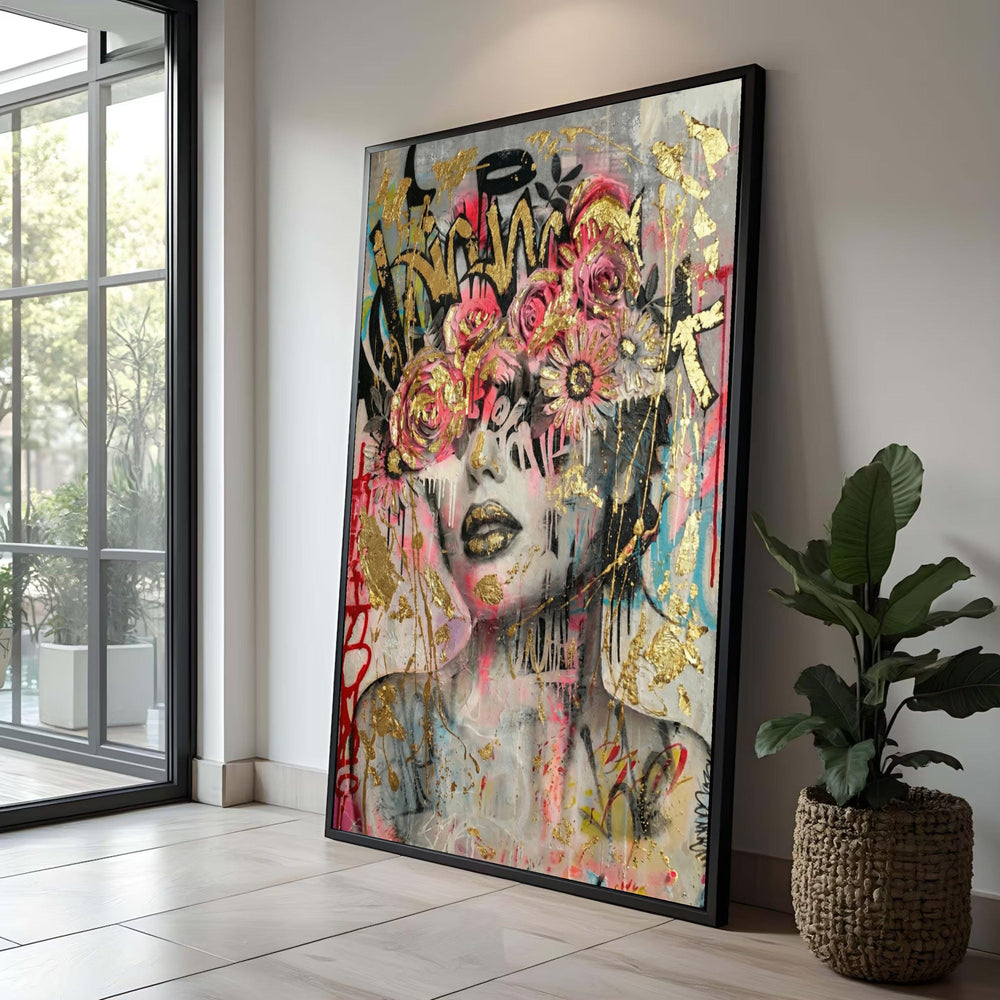 Urban Floral Graffiti Portrait Canvas, Mixed Media Street Art Wall Decor, Gold Accents Face Art, Modern Urban Canvas Luxury Home Decor