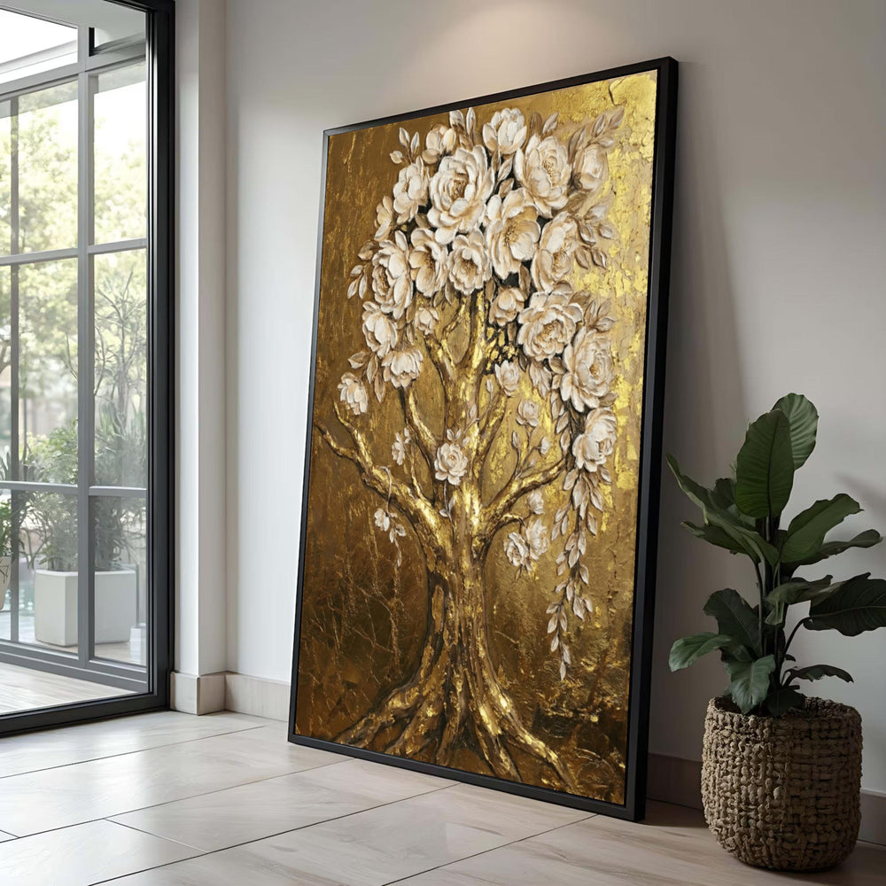 Golden Floral Tree Canvas Art, Metallic Home Decor