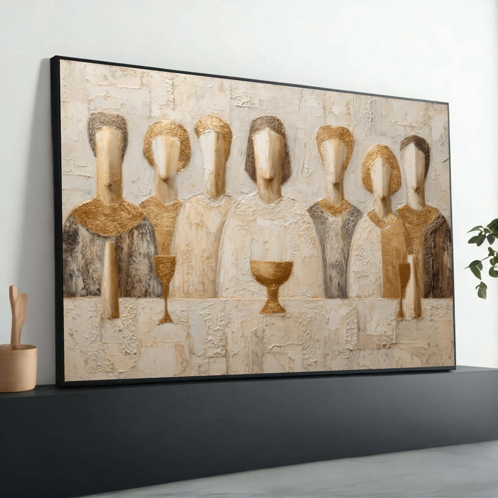 Abstract Last Supper Canvas Print, Gold Beige Religious Art