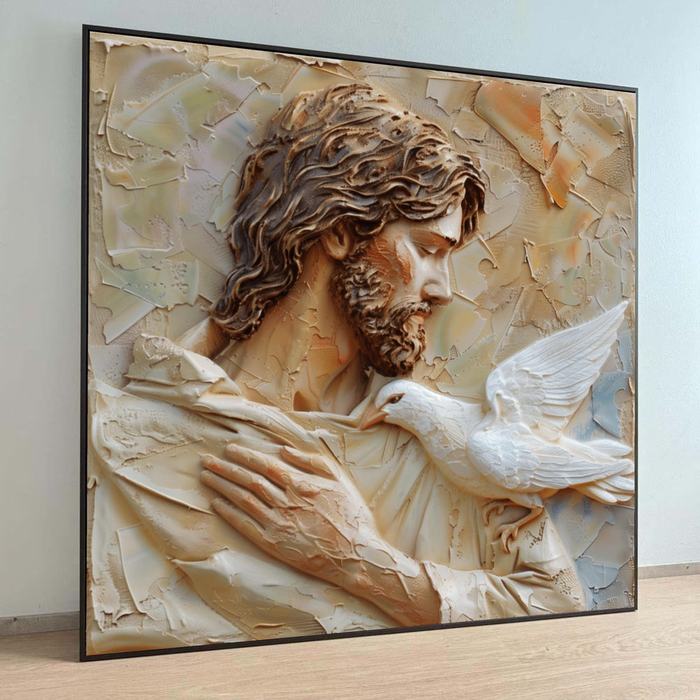 Jesus with Dove Canvas Wall Art, Religious Spiritual Decor, Christian Faith Artwork, Peace Symbol Canvas, Inspirational Luxury Home Decor