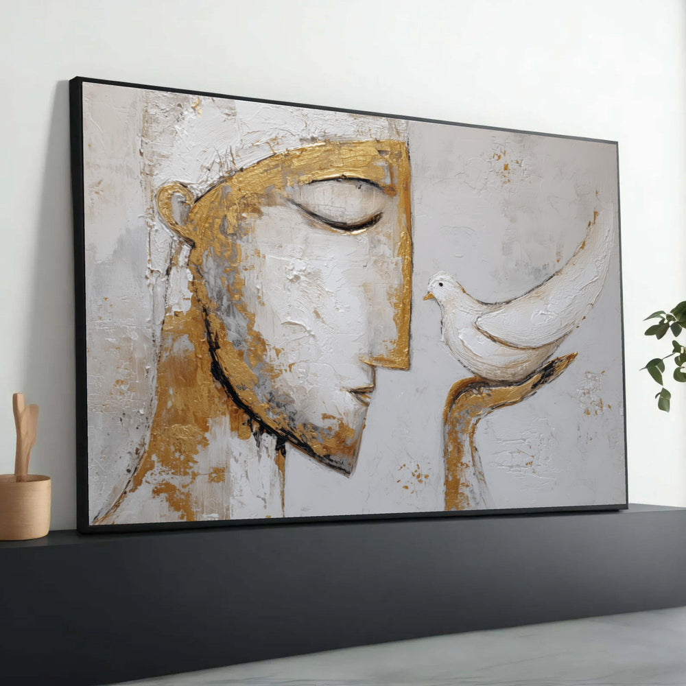 Abstract Buddha Face with White Dove Canvas, Peaceful Spiritual Wall Art, Gold and White Painting, Meditation Home Decor, Luxury Home Decor