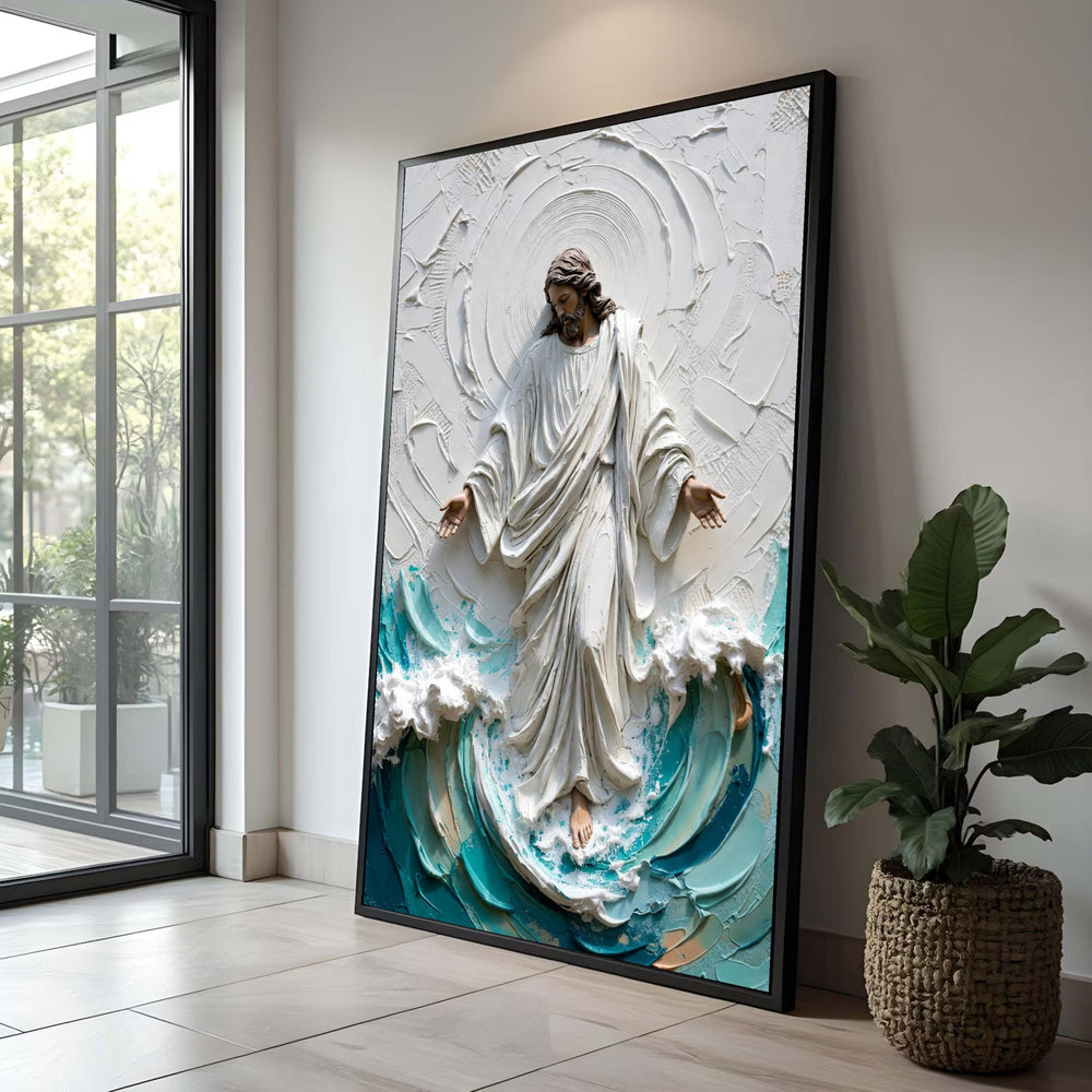 Jesus Walking on Water Canvas Art, Textured Religious Wall Decor, Christian Home Painting