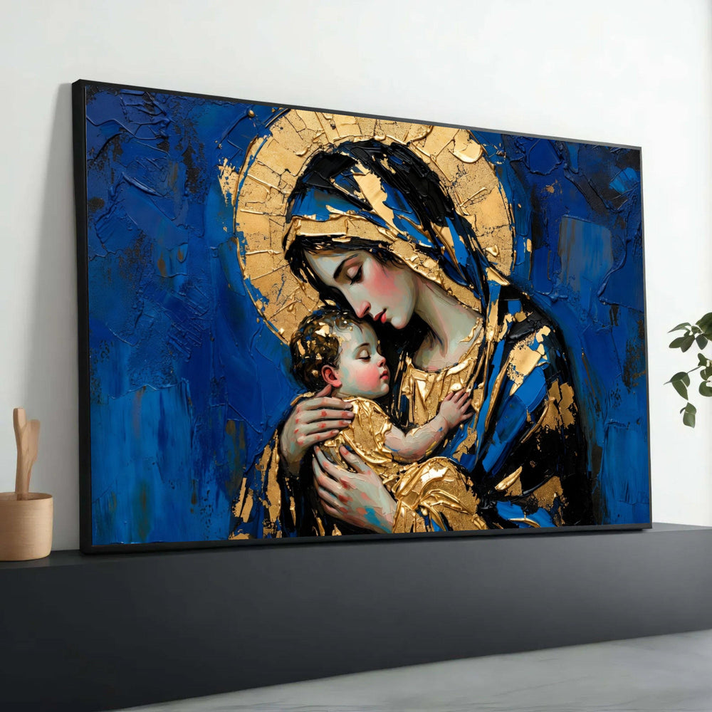 Madonna and Child Canvas Wall Art, Religious Icon Painting, Gold and Blue Modern Christian Decor, Jesus and Mary Artwork, Luxury Home Decor