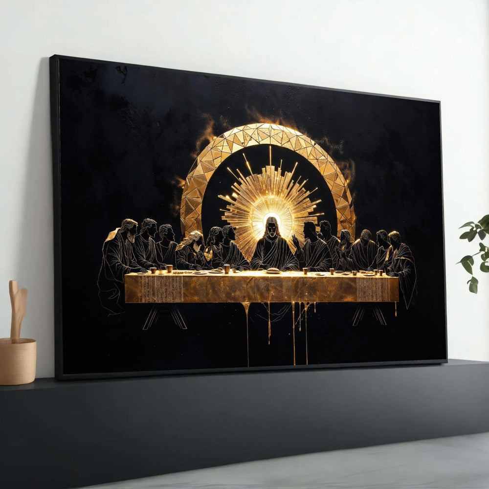 The Last Supper Canvas Wall Art, Golden Religious Decor, Jesus and Apostles, Spiritual Faith Artwork, Illuminated Luxury Home Decor