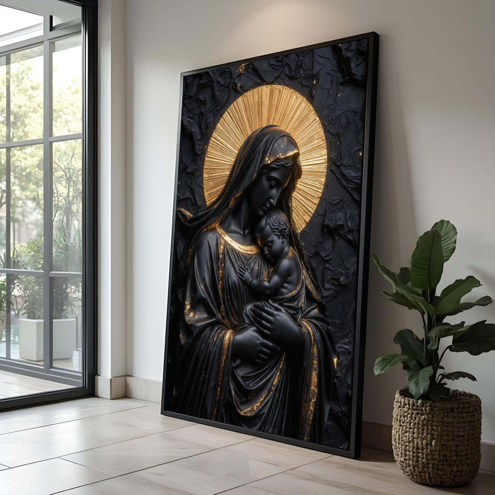 Modern Madonna and Child Canvas, Black Gold Religious Wall Art, Contemporary Christian Icon, Sacred Mother and Baby Luxury Home Decor