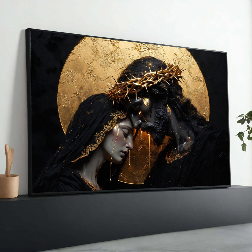 Devotional Embrace Canvas Art, Jesus and Mary Gold Halo, Religious Wall Art, Spiritual Christian Canvas, Sacred Home Luxury Home Decor