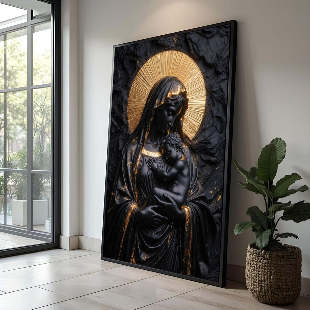 Elegant Madonna and Child Canvas Art, Black and Gold Religious Wall Decor, Virgin Mary Baby Jesus Statue Canvas, Spiritual Luxury Home Decor
