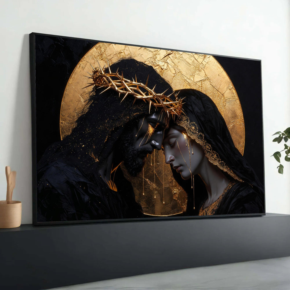 Golden Halo Couple Canvas, Religious Wall Art, Modern Sacred Icon Painting, Black and Gold Spiritual Decor, Contemporary Luxury Home Decor