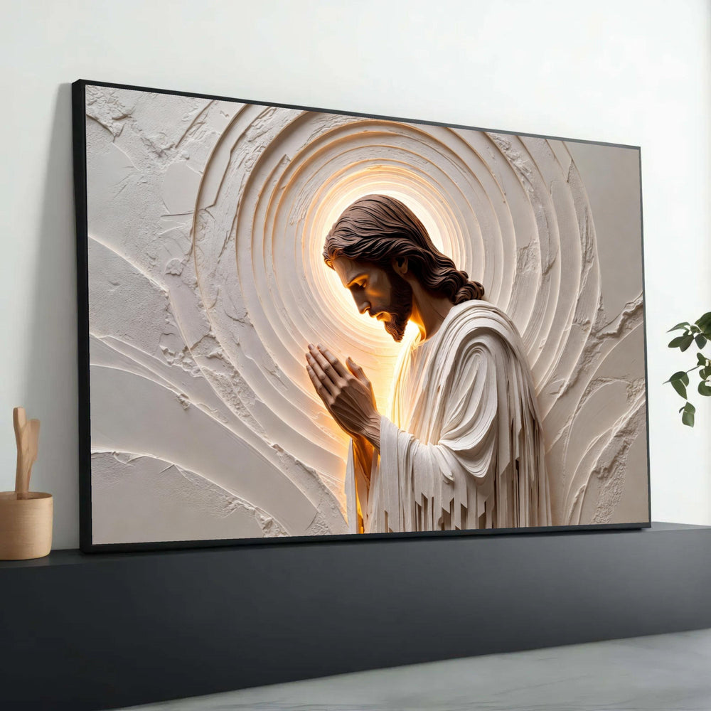 Praying Jesus Canvas Wall Art, Religious Spiritual Decor, Christian Inspirational Canvas, Halo Light Effect, Modern Faith Luxury Home Decor