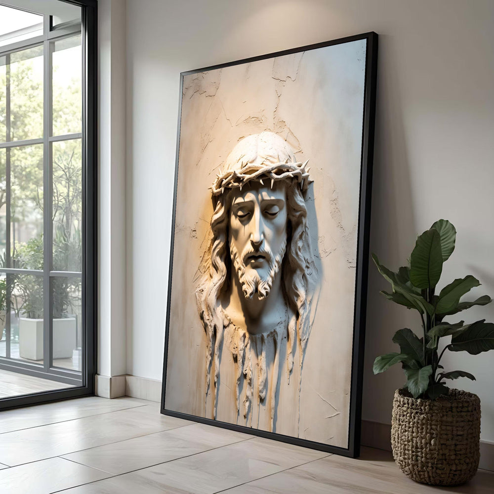 Jesus Christ Sculpture Canvas, Sacred Heart Wall Art, Religious Christian Decor, Crown of Thorns Canvas, Spiritual Home Luxury Home Decor