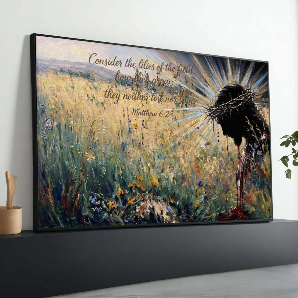 Jesus Crown of Thorns Canvas, Christian Inspirational Wall Art, Biblical Quote Matthew 6:28, Religious Canvas Decoration Luxury Home Decor