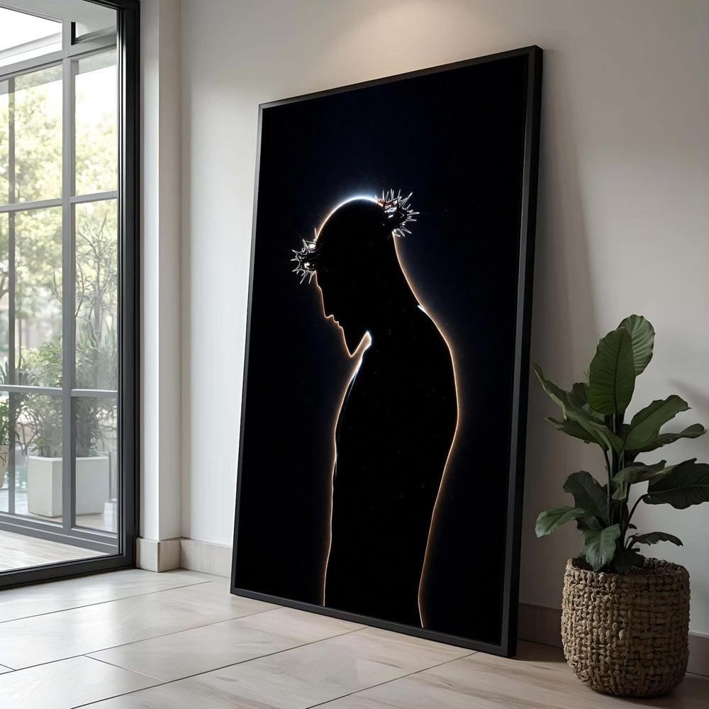 Abstract Silhouette with Thorn Crown Canvas, Dark Spiritual Wall Art, Modern Minimalist Canvas, Contemplative Figure Luxury Home Decor