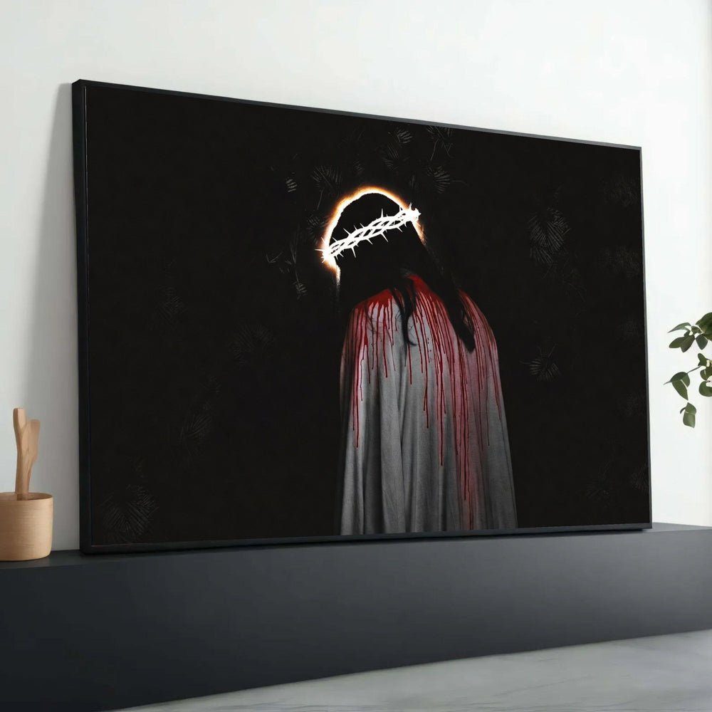 Illuminated Crown of Thorns Canvas, Dark Religious Art, Blood Drip Painting, Spiritual Wall Decor, Gothic Christian Canvas Luxury Home Decor