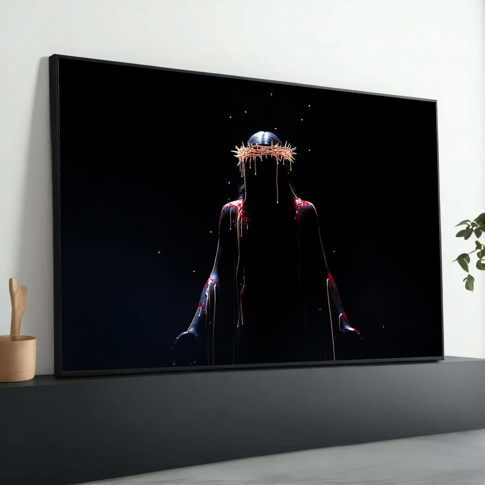 Dark Silhouette with Crown of Thorns Canvas, Dramatic Gothic Wall Art, Blood Drip Spiritual Canvas, Moody Religious Decor, Luxury Home Decor