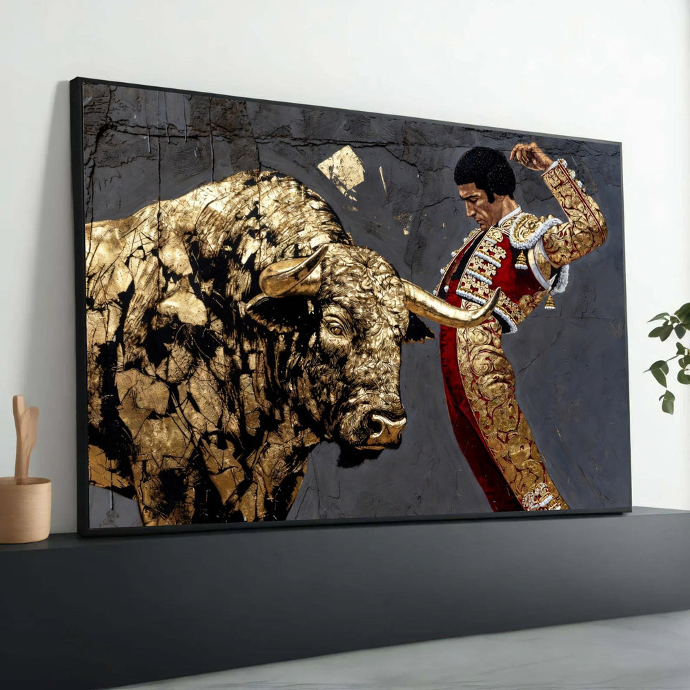 Golden Bull and Matador Canvas Wall Art, Spanish Bullfighting Scene, Dramatic Culture Canvas, Elegant Home Decoration, Luxury Home Decor