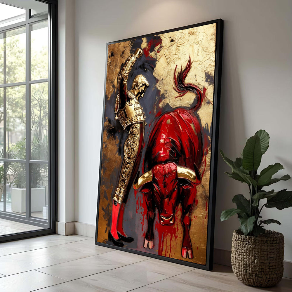 Bold Matador and Red Bull Canvas, Spanish Bullfight Wall Art, Gold and Red Abstract Painting, Dramatic Home Decor Canvas, Luxury Home Decor