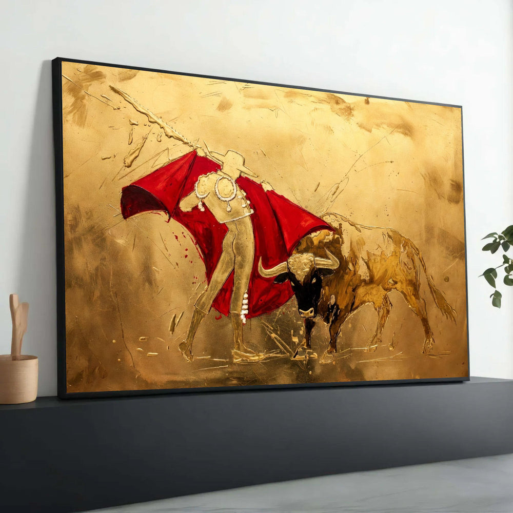 Bullfighter and Red Cape Canvas, Spanish Matador Art, Bold Bullfighting Scene, Gold and Red Wall Art, Dramatic Canvas Luxury Home Decor