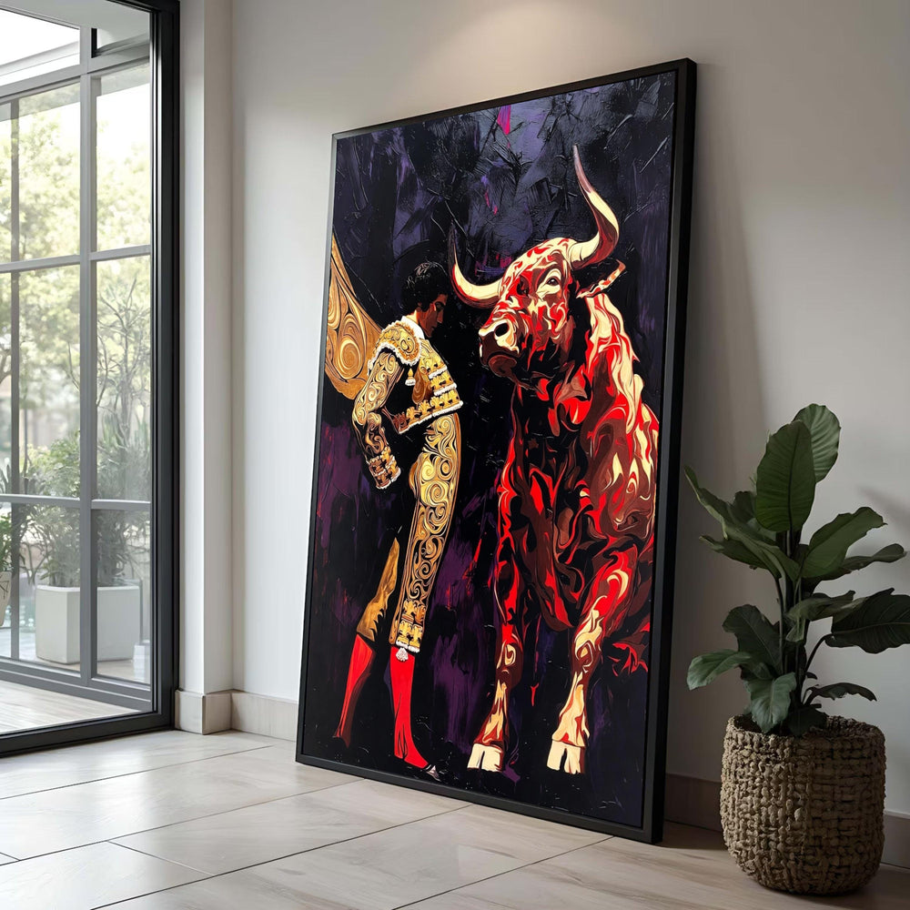 Bold Matador and Fiery Bull Canvas Wall Art, Spanish Bullfighting Scene, Vibrant Abstract Animal Painting, Modern Home Luxury Home Decor