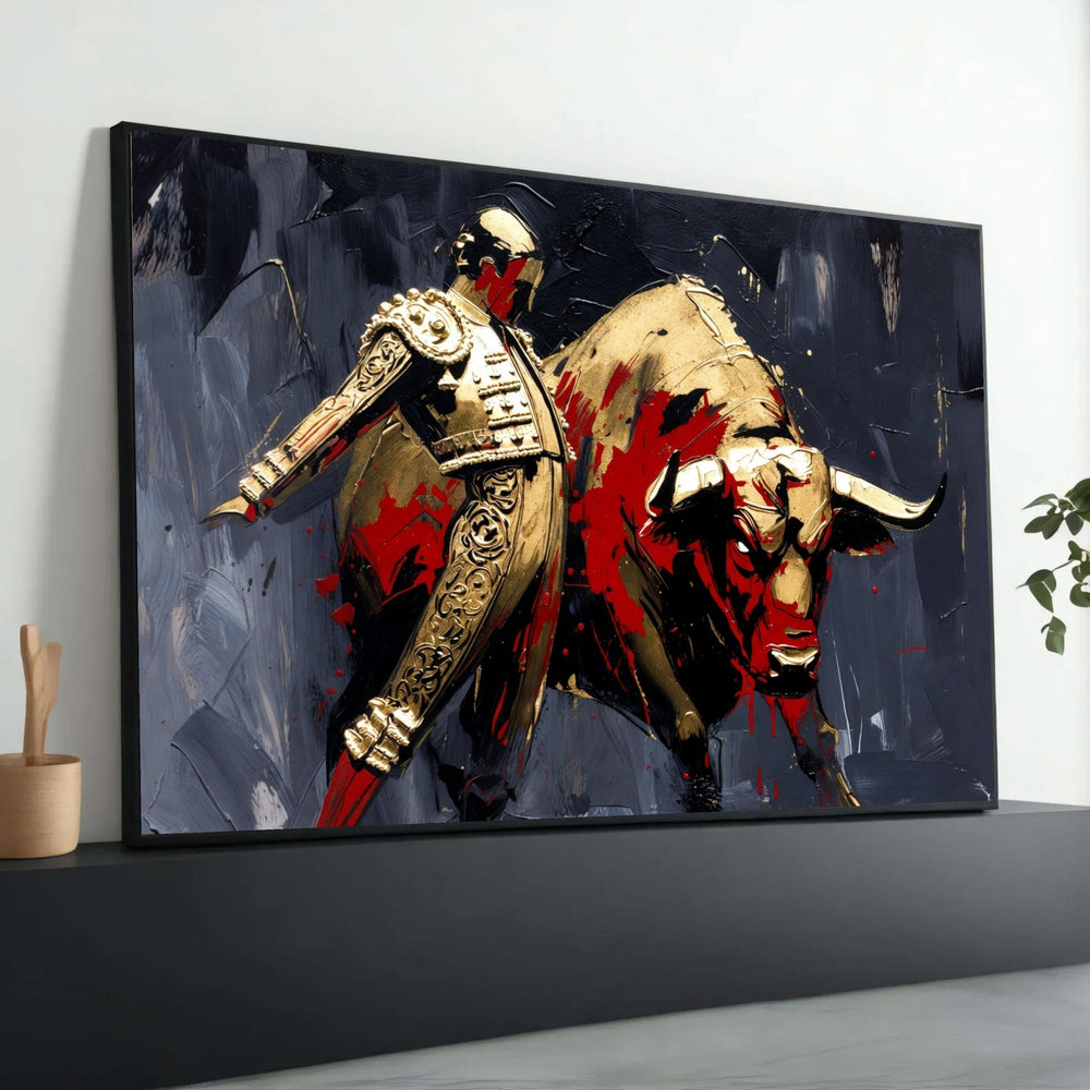 Bullfighter and Bull Canvas Wall Art, Abstract Matador Painting, Spanish Tradition Decor, Bold Red and Gold Accent, Home Luxury Home Decor