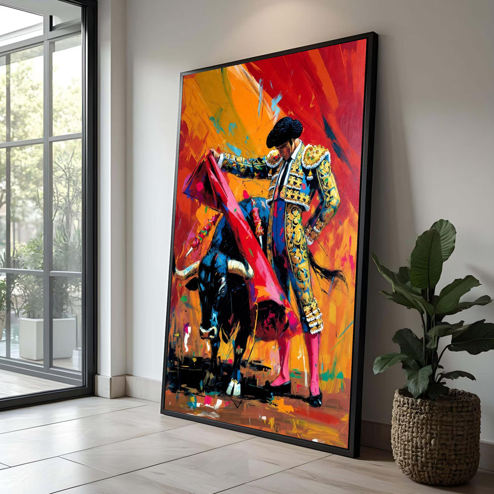 Colorful Bullfighter Canvas, Matador with Red Cape Wall Art, Spanish Tradition Painting, Vibrant Home Decor, Ready to Hang Luxury Home Decor