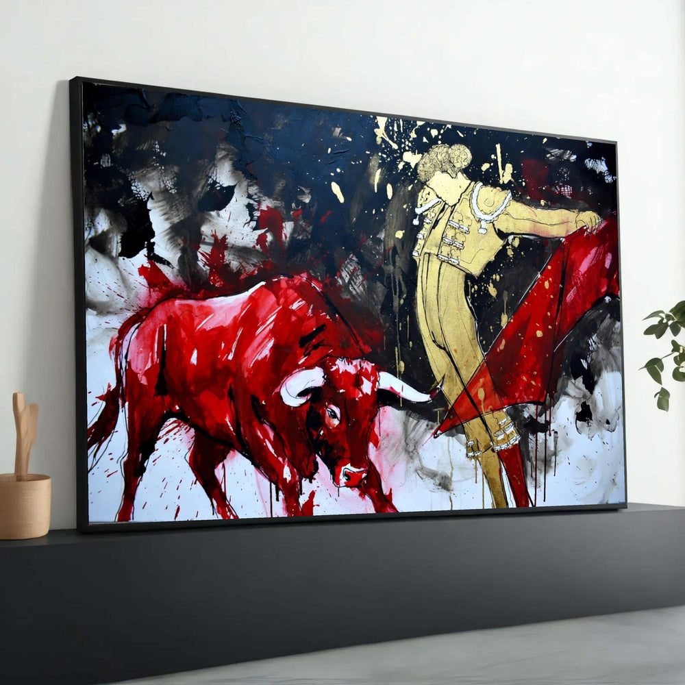 Bold Matador Bullfight Canvas Wall Art, Red and Gold Spanish Bullfighting Painting, Dramatic Contemporary Abstract Canvas, Luxury Home Decor