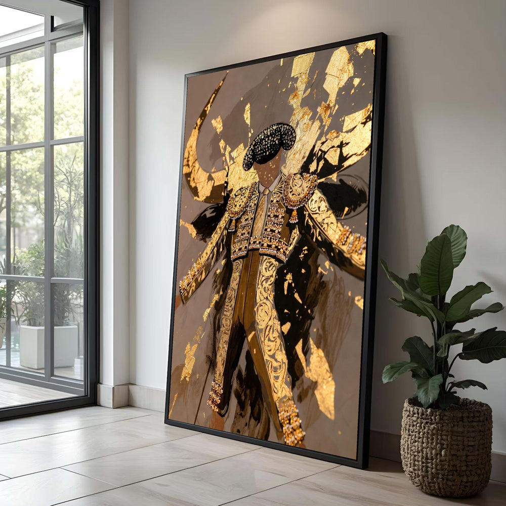 Elegant Matador Canvas Wall Art, Gold Leaf Bullfighter Painting, Spanish Culture Decor, Luxe Torero Costume Art, Ready to Luxury Home Decor