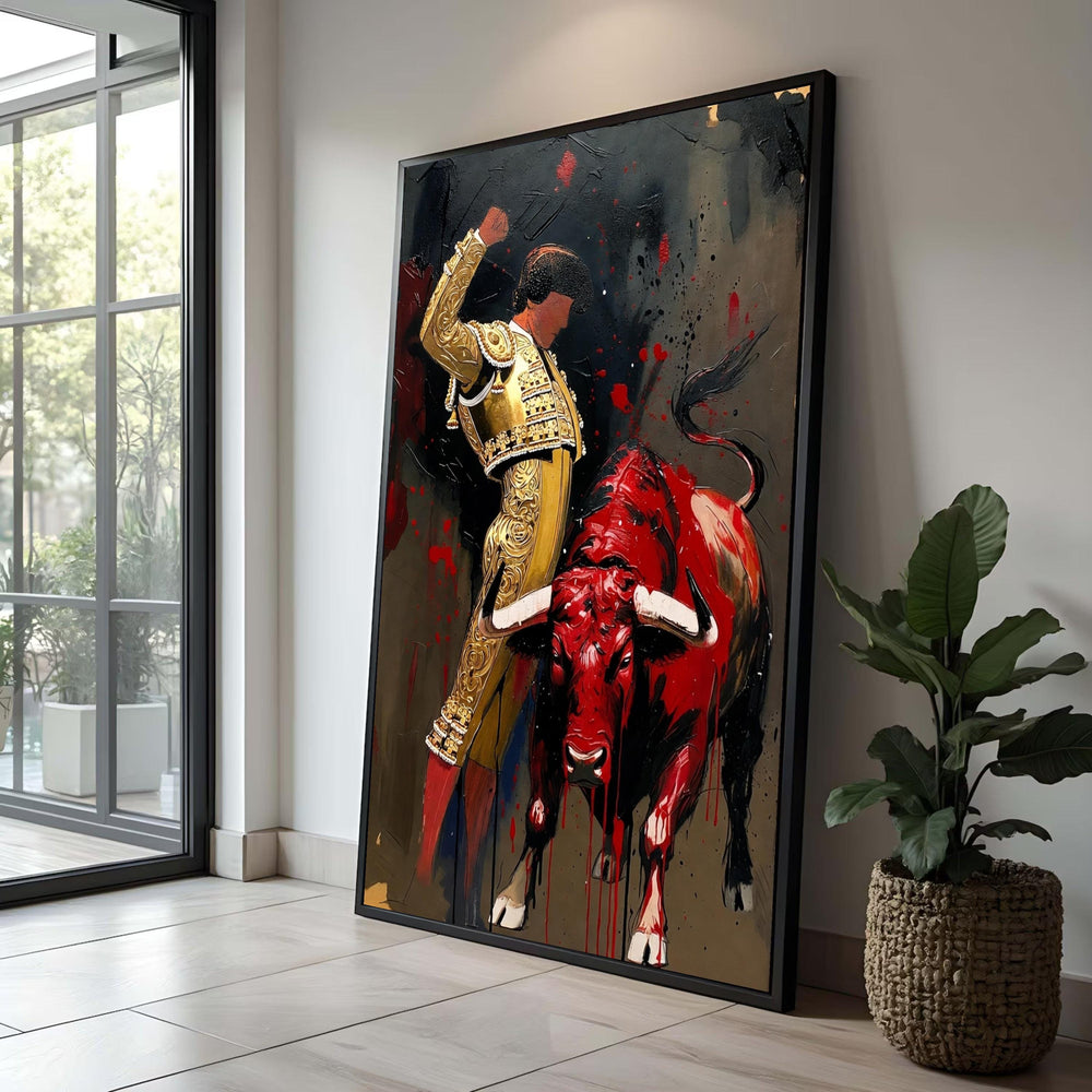 Bold Matador and Charging Bull Canvas, Spanish Bullfight Art, Dramatic Red and Gold Wall Decoration, Modern Canvas Luxury Home Decor