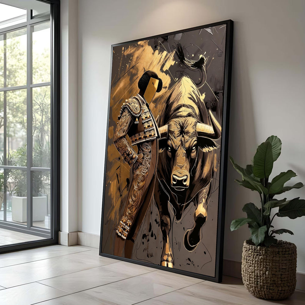 Modern Bullfighter Canvas Wall Art, Abstract Matador and Bull Painting, Gold and Black Spanish Bullfight Decor, Luxury Home Decor