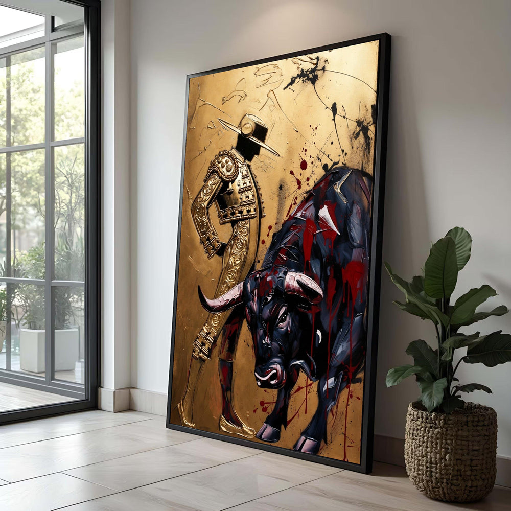 Bold Matador and Bull Canvas Wall Art, Contemporary Spanish Bullfighting Painting, Dramatic Gold and Black Decor, Ready to Luxury Home Decor