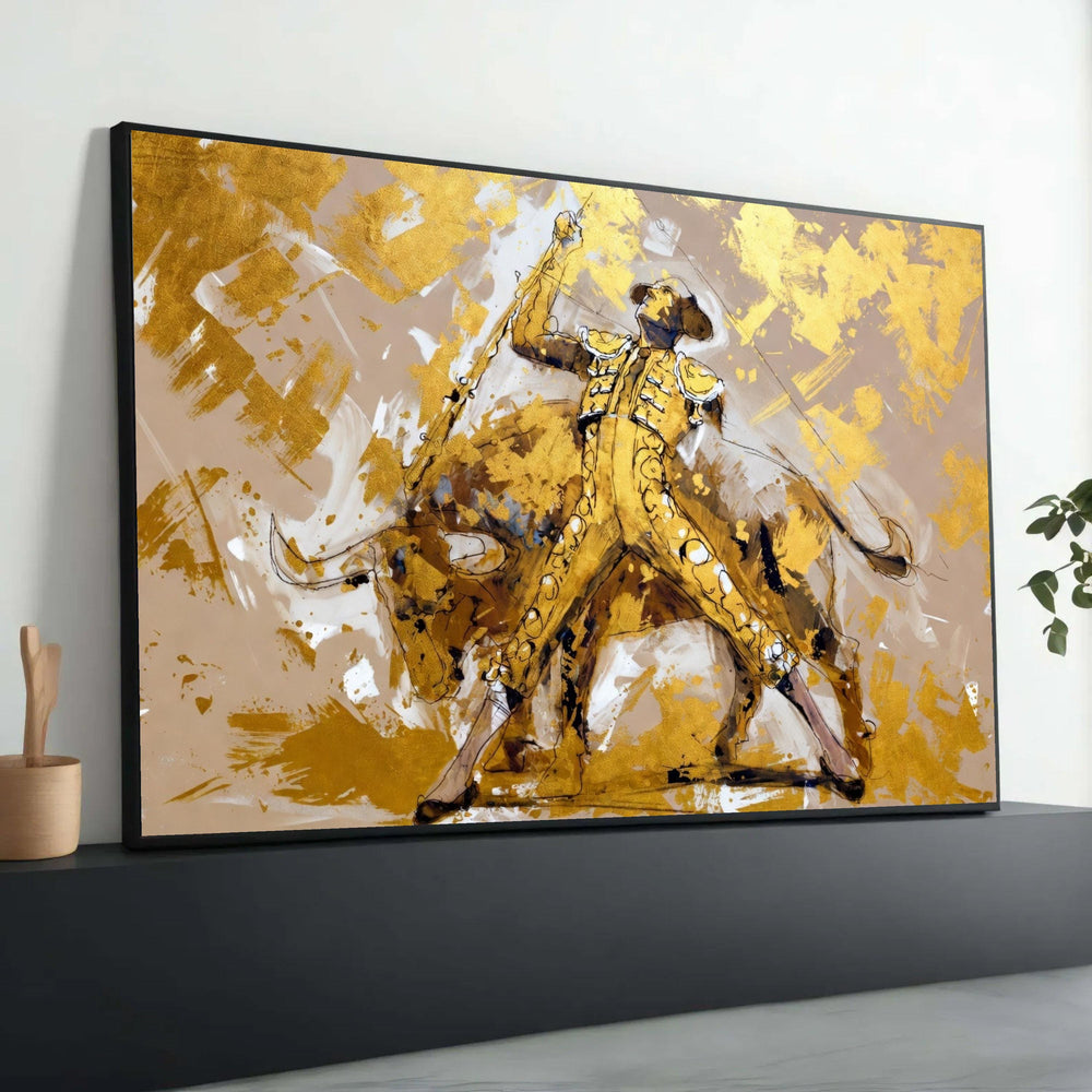 Bullfighter Power Pose Canvas, Spanish Matador Wall Art, Abstract Gold Accent, Dynamic Flamenco Style Canvas, Modern Home Luxury Home Decor