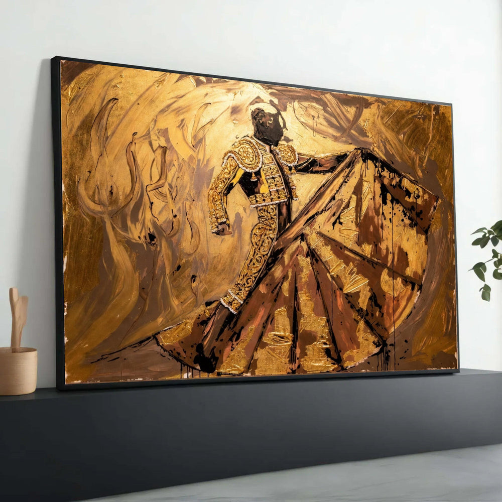 Elegant Matador Canvas Wall Art, Bullfighter Silhouette Painting, Gold and Black Abstract Canvas, Spanish Culture Canvas Luxury Home Decor