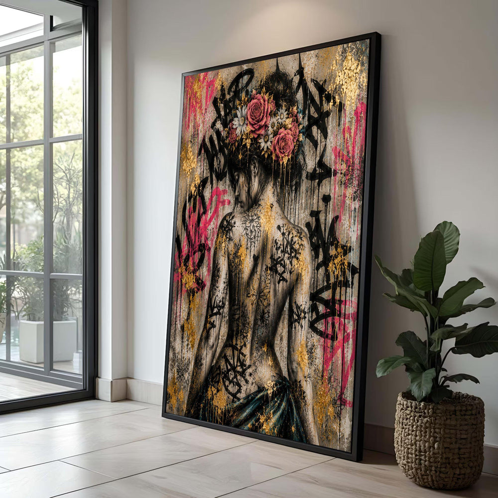 Woman Back Portrait Canvas, Floral Hair Crown Wall Art, Urban Graffiti Design, Abstract Female Figure Canvas, Contemporary Luxury Home Decor