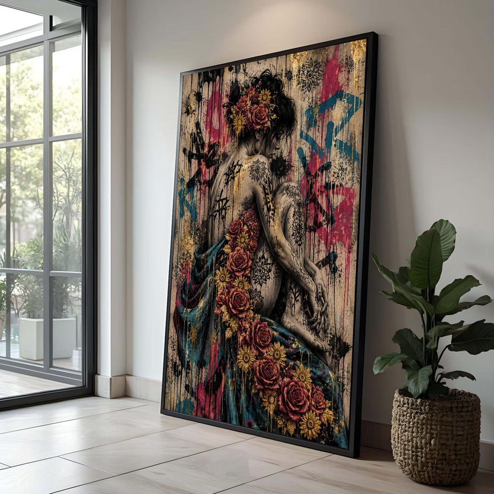 Floral Tattooed Woman Canvas, Moody Portrait Wall Art, Artistic Female Figure Canvas, Urban Graffiti Style Decoration Luxury Home Decor